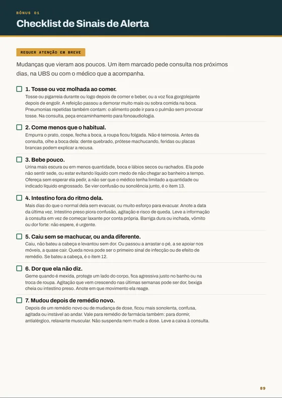 Página do Checklist de Sinais de Alerta: os sete sinais que pedem consulta nos próximos dias
